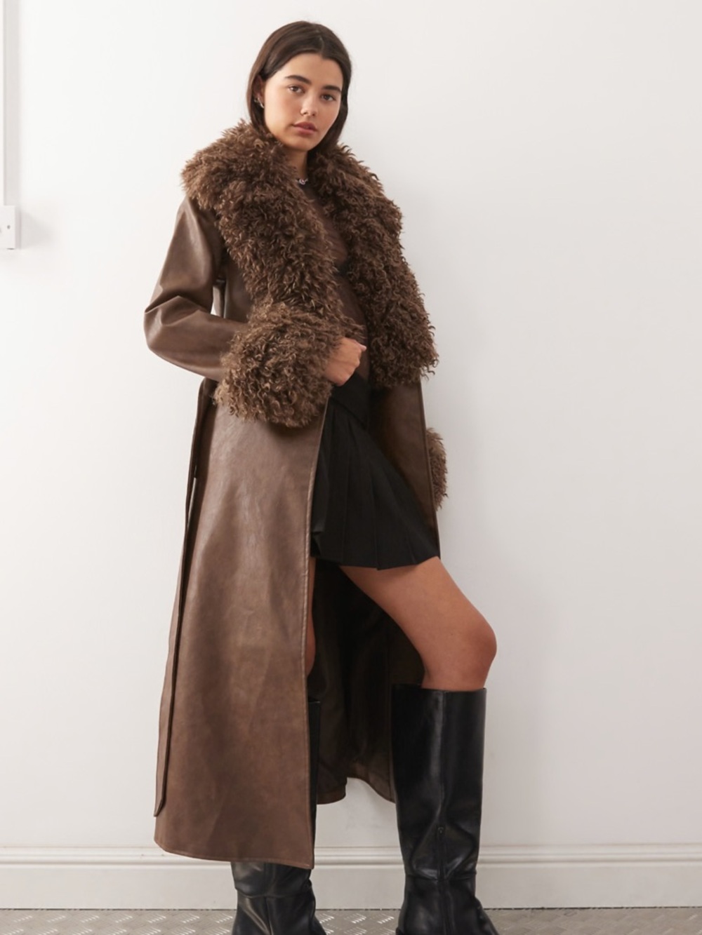 Reclaimed Vintage leather look trench coat with faux fur collar and cuffs